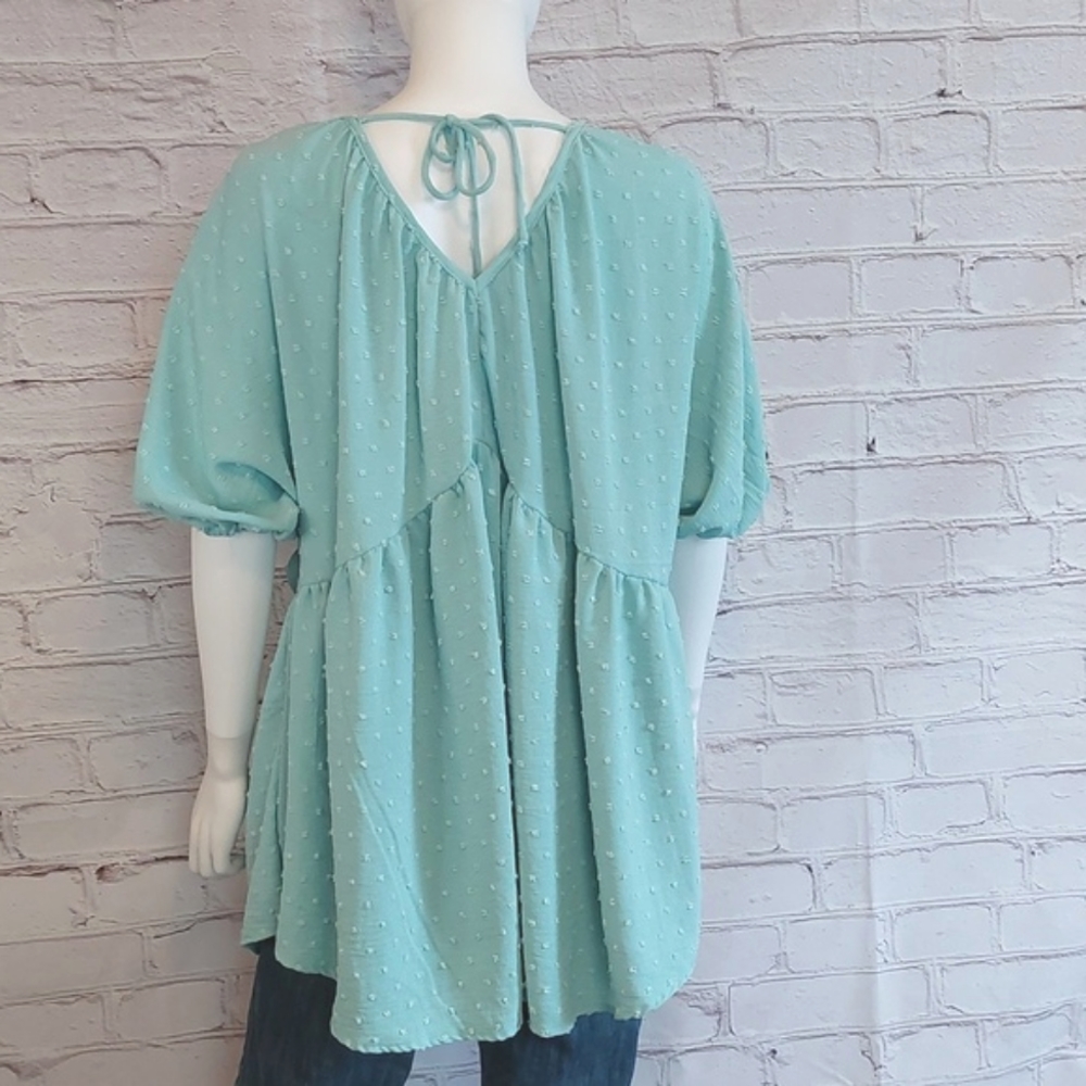 Chic Soul Aqua Balloon Sleeve Blouse Swiss Dot Top Plus 2X Adorably You Shirt - Picture 6 of 7